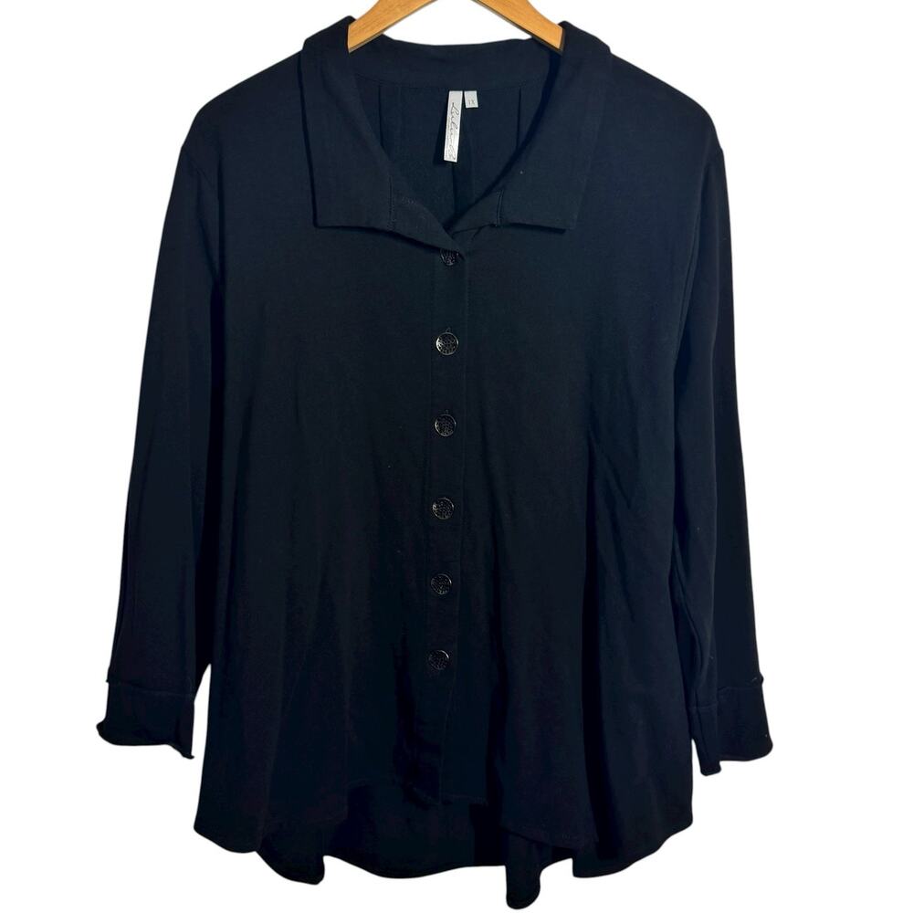 LuLu B Top Women 1X Black Button Up 3/4 Sleeve Cotton Spandex Tunic Lagenlook